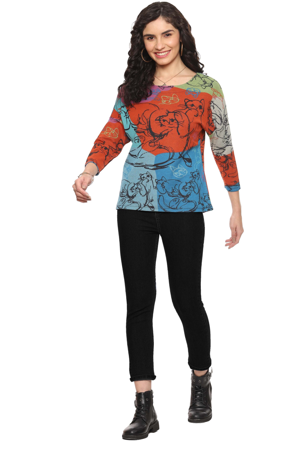 Parsley & Sage 3/4 sleeve knit top with colorful geometric blocks and whimsical cat illustrations in a relaxed pullover style.