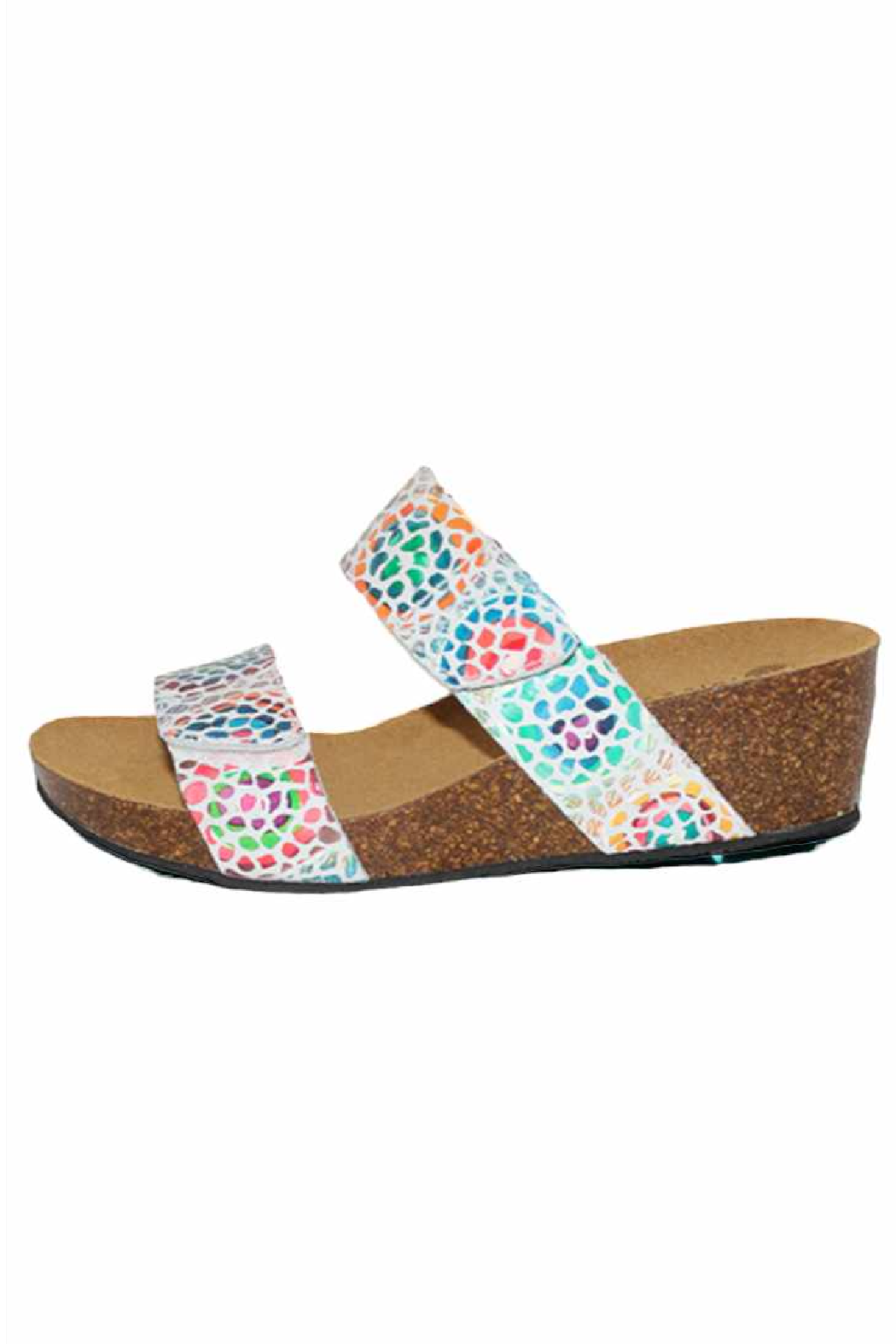 Eric Michael Liat Wedge Sandal with colorful two-strap design on cork wedge sole