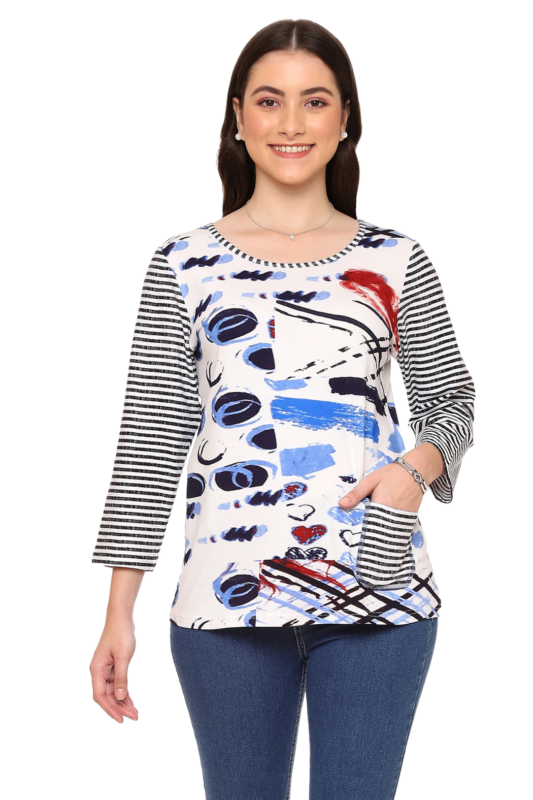 Abstract Print 3/4 Sleeve Knit Top