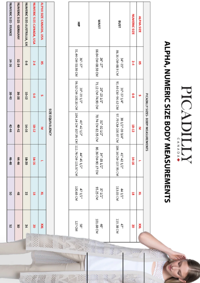 Body measurement chart for Picadilly clothing with a model in the background