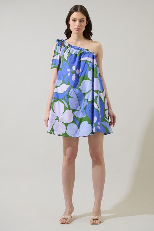 Sugar Lips blue floral one-shoulder summer dress with tie strap and breezy resort style silhouette