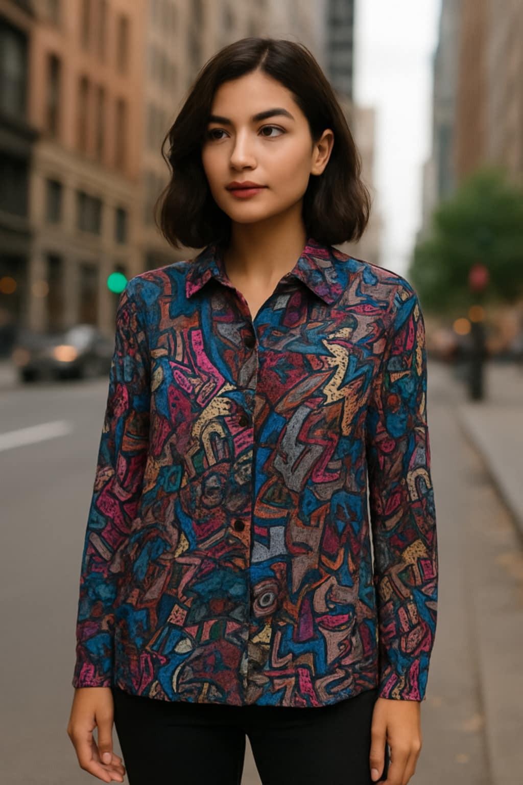 Parsley & Sage knit blouse with vibrant abstract graffiti print, button-front, classic collar, full-length sleeves, women’s urban fashion top