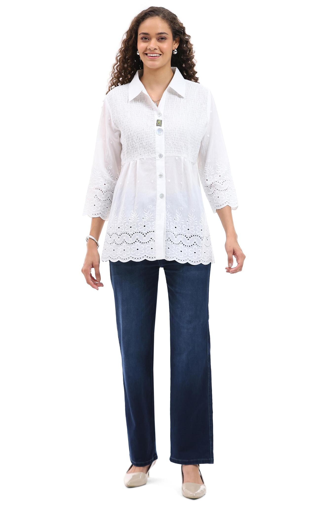 White cotton smocked blouse by Parsley & Sage with lace embroidered hem