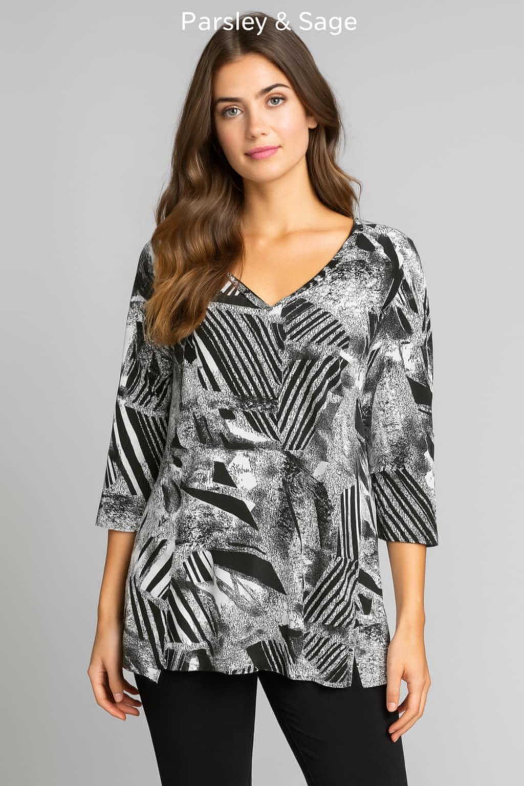 Woman wearing a patterned top with 'Parsley & Sage' branding  in black and white