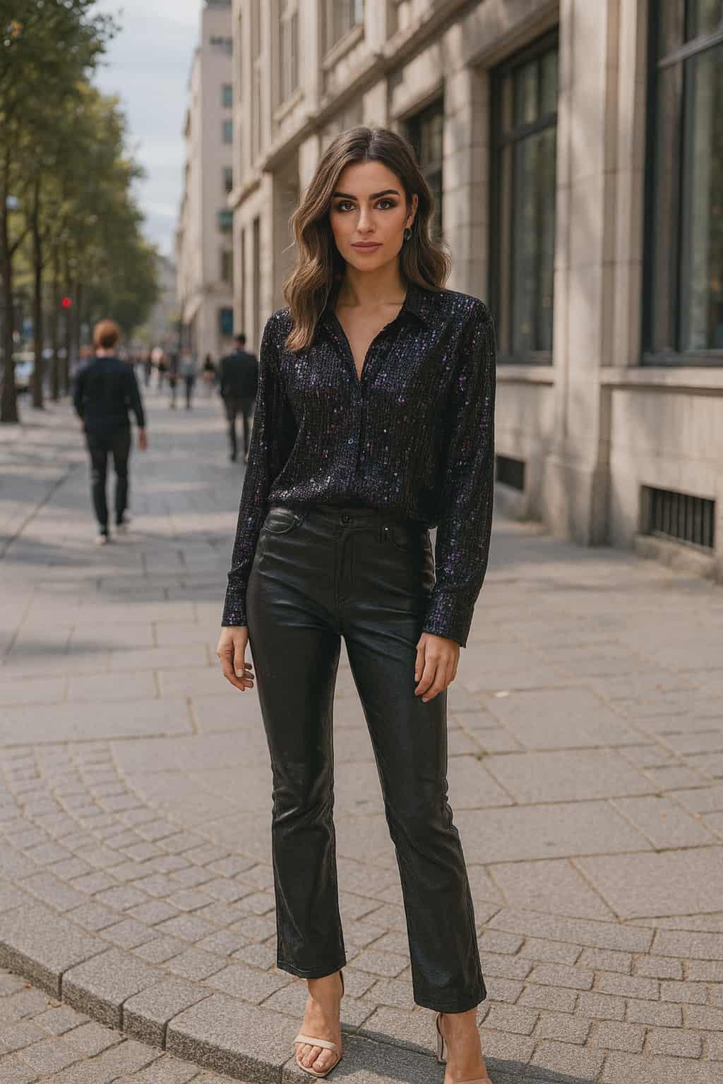 Woman in a black sequin blouse and black pants standing on a city street.