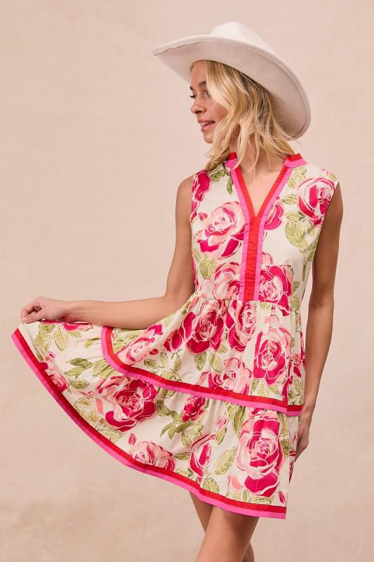 Pink rose print sundress with hot pink trim and split necklinE