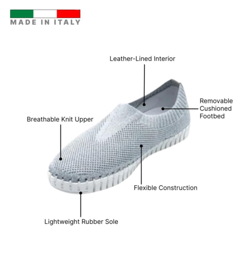 silver slip-on shoe with features labeled on a white background
