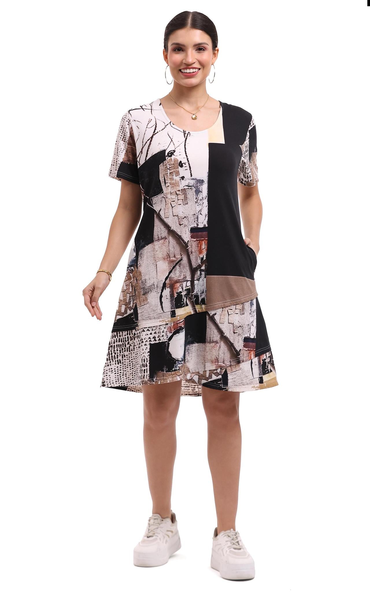 Parsley & Sage abstract knit dress with pockets and short sleeves for women