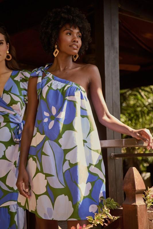 Sugar Lips blue floral one-shoulder summer dress with tie strap and breezy resort style silhouette