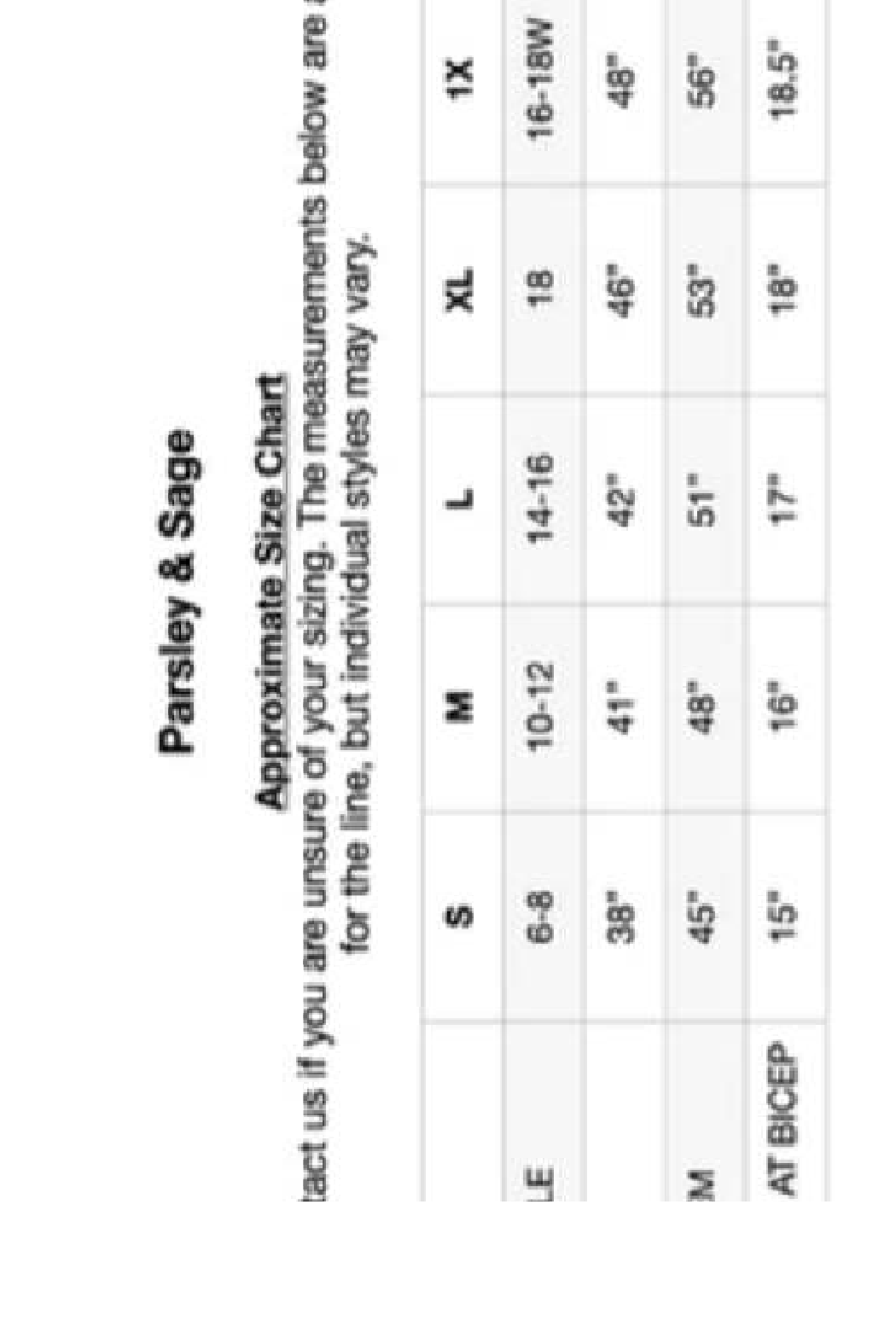 Size chart for clothing by Parsley & Sage with measurements in inches.