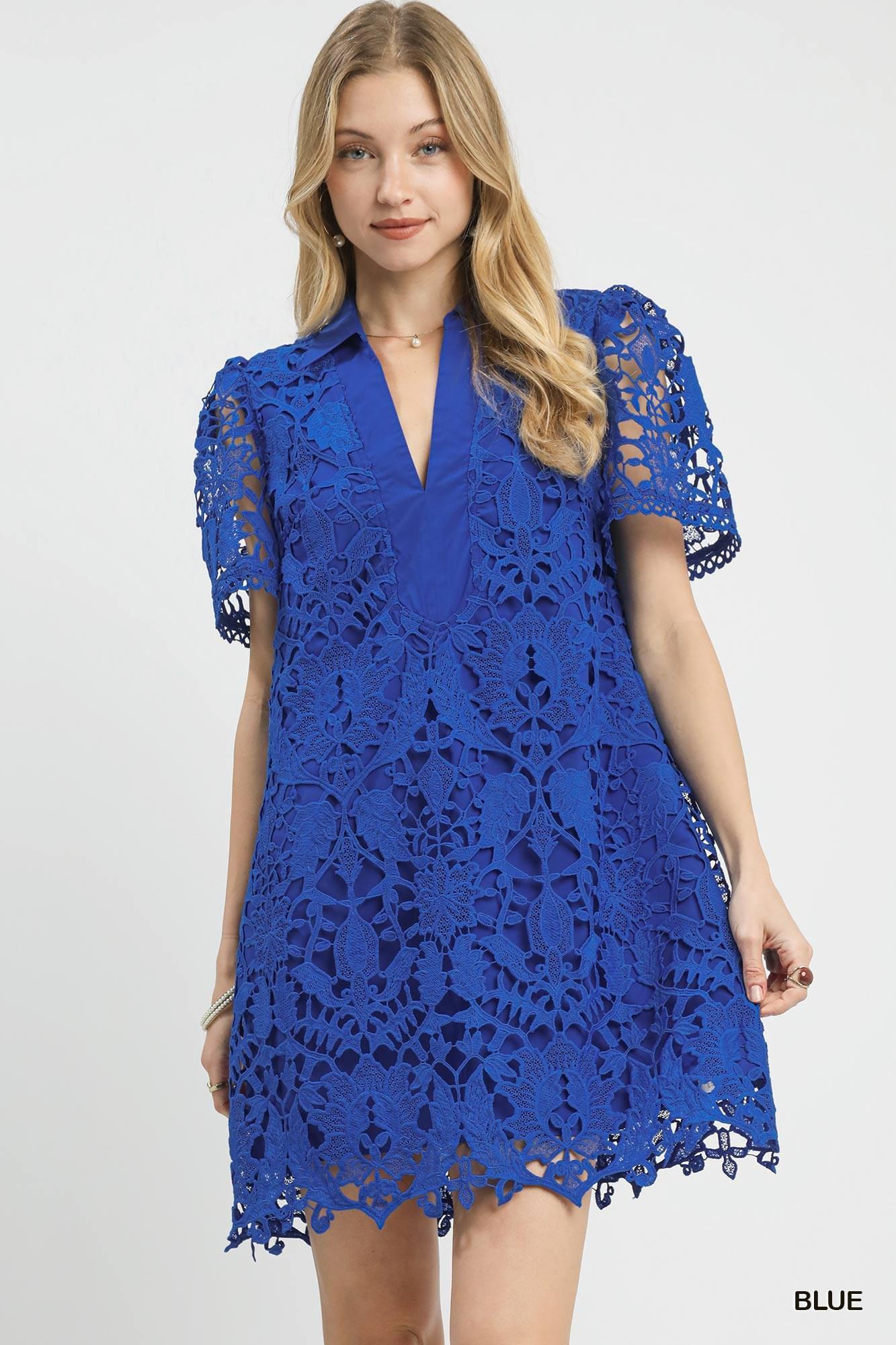 Woman wearing a blue lace dress on a white background