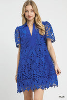 Woman wearing a blue lace dress on a white background