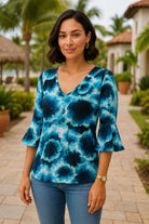 snoskins abstract blue knit top with v-neck and 3/4 sleeves made in the USA