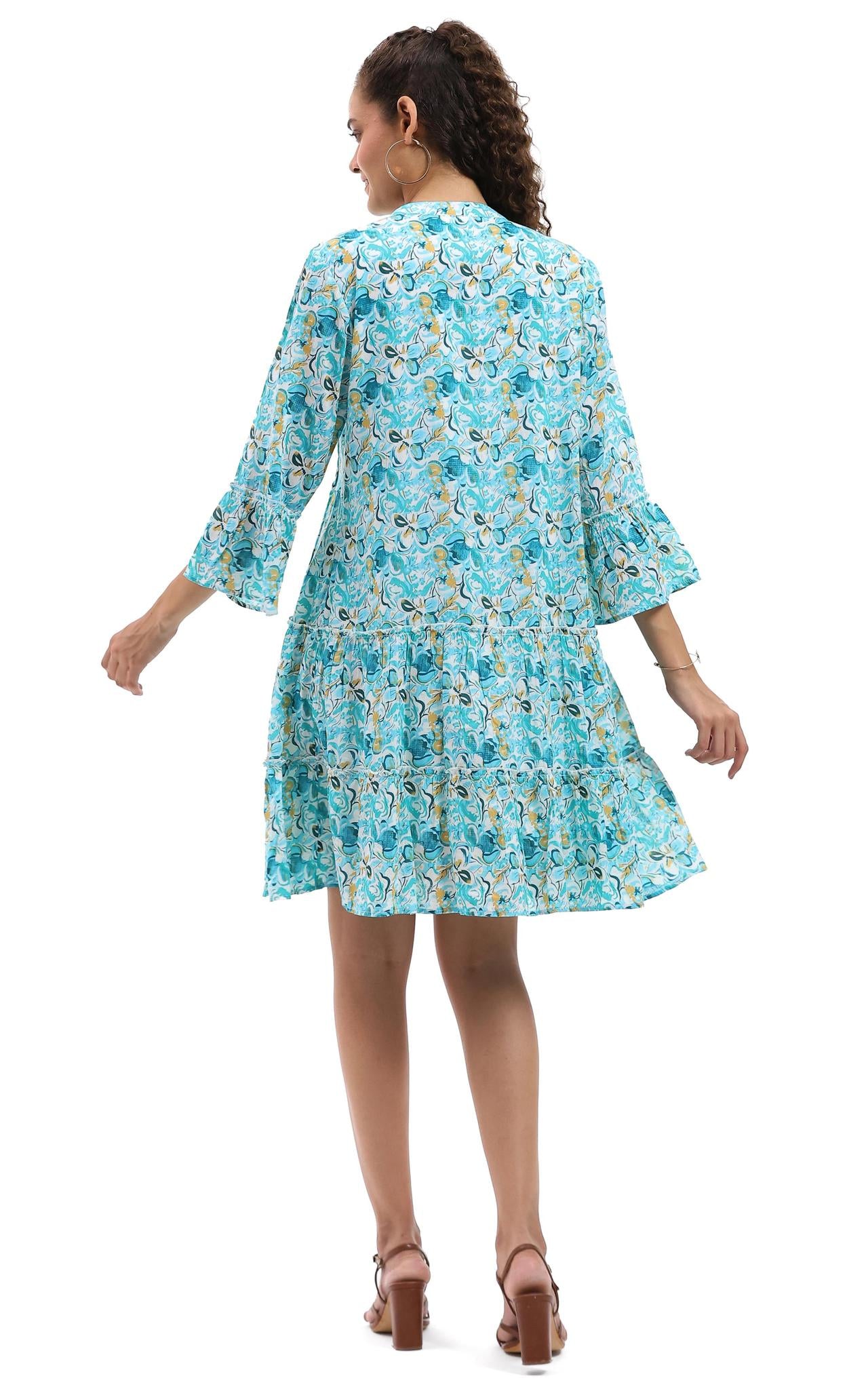 Parsley & Sage turquoise floral tiered cotton dress with three-quarter sleeves, back View