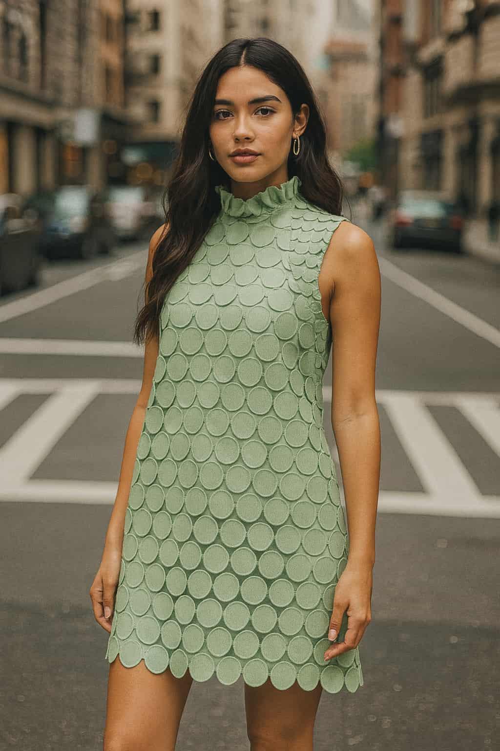 Urban chic woman wearing dusty mint circle appliqué sleeveless dress on city street.