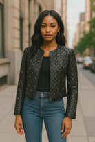  Insight NY vegan leather quilted black jacket with gold studs, front view