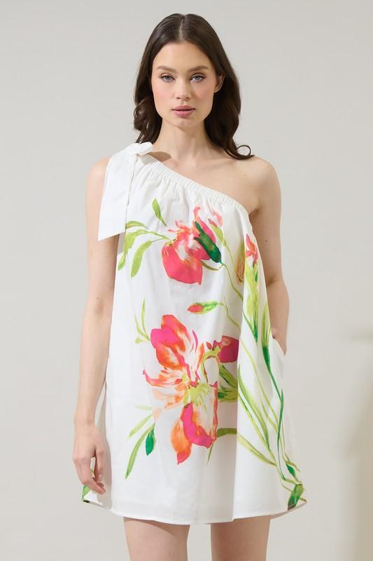 Sugar Lips tropical floral one-shoulder summer dress with pink flowers and breezy resort silhouette