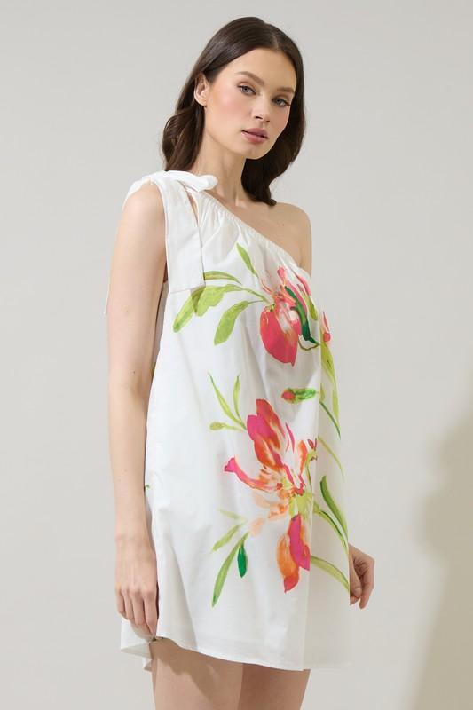 Sugar Lips tropical floral one-shoulder summer dress with pink flowers and breezy resort silhouette
