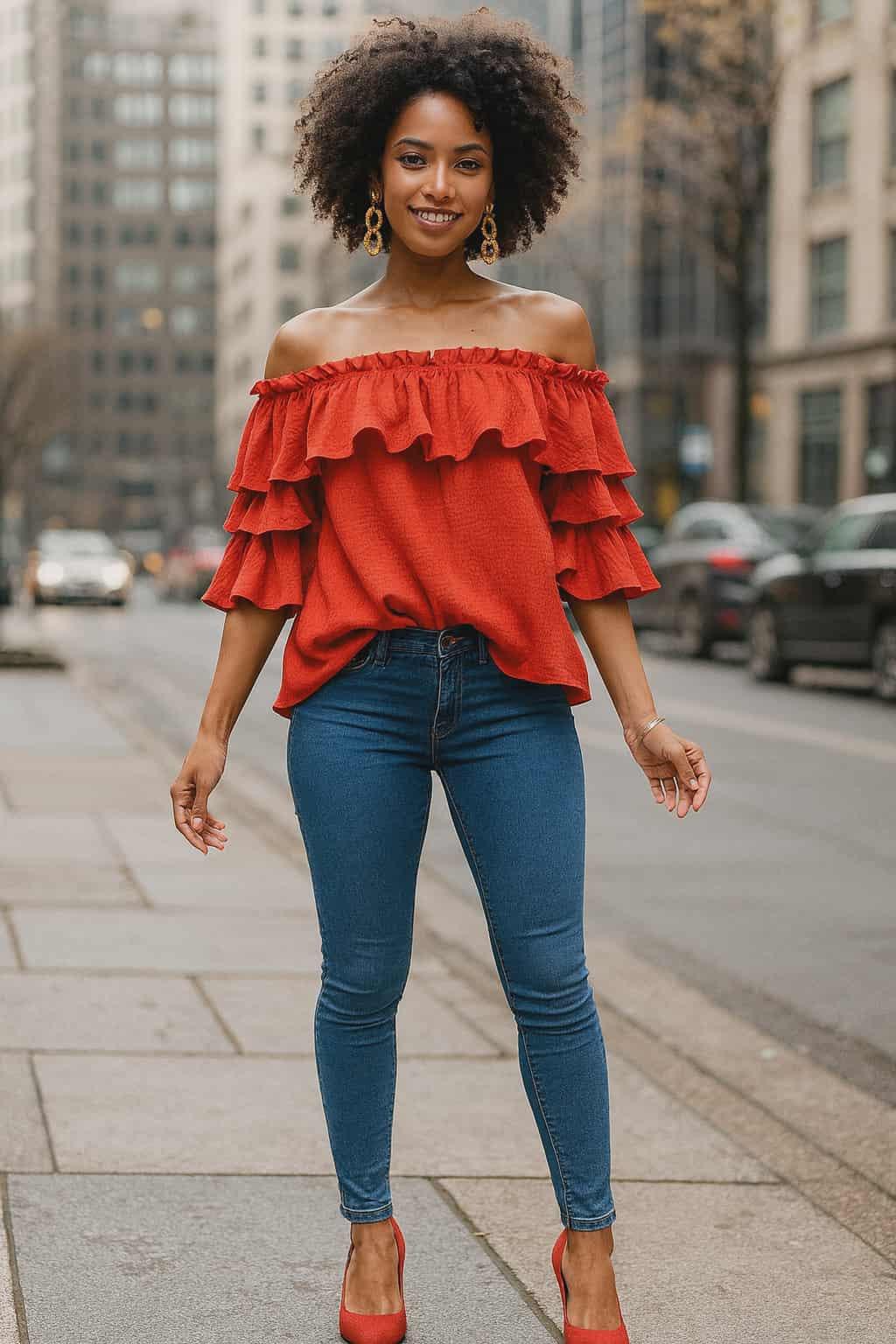 Urban chic woman wearing an orange-red off-shoulder gauze blouse with ruffled sleeves and skinny jeans on a city street