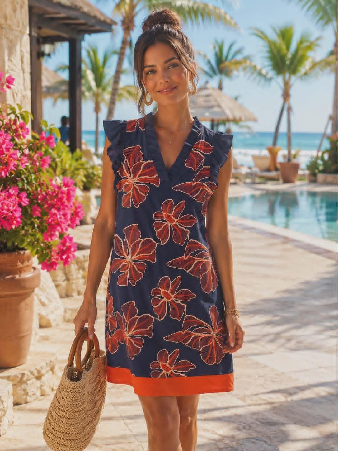 Woman wearing navy floral Voy resort dress with coral tropical print and ruffle sleeves at a luxury beach resort.