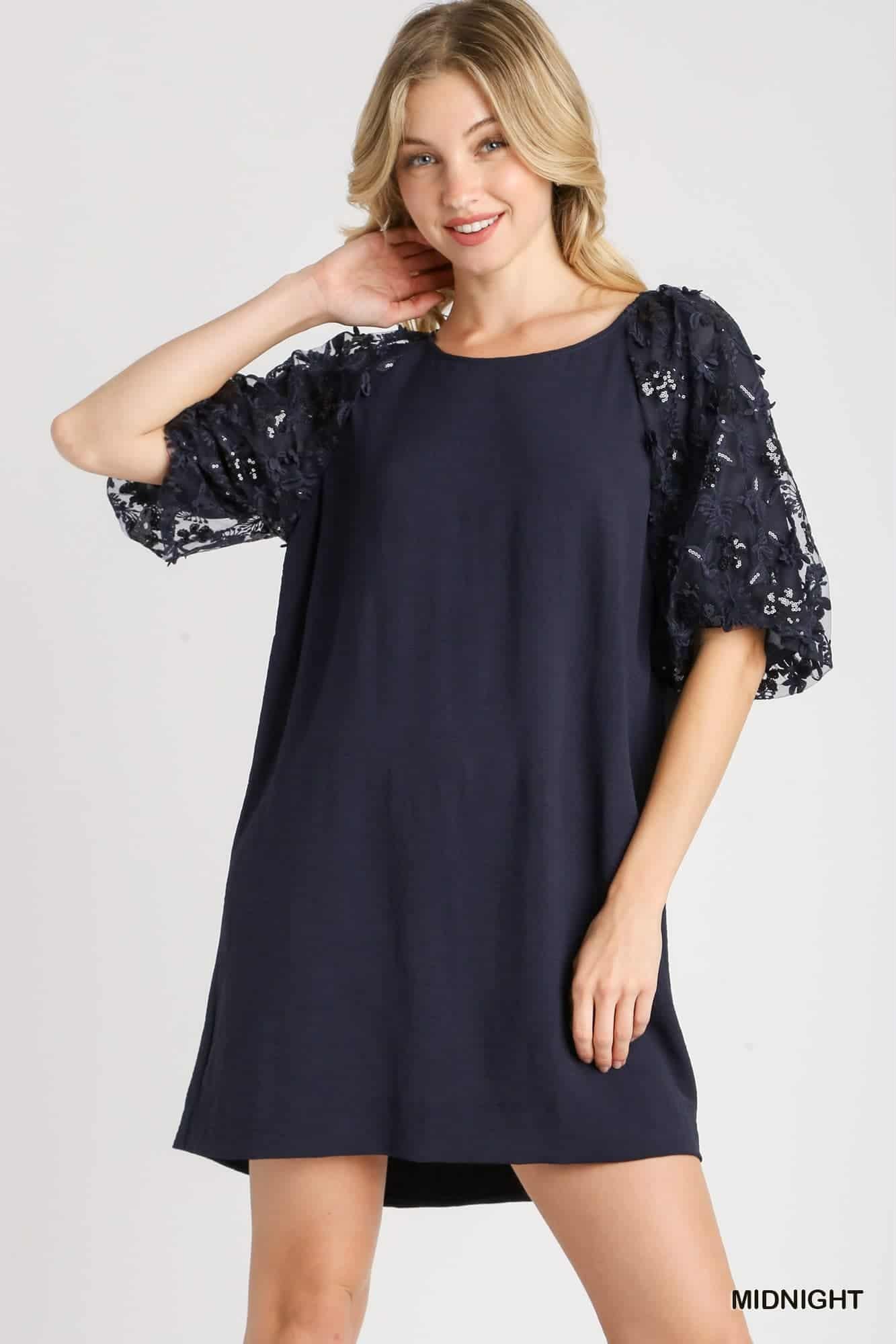  Midnight navy party dress with floral sequin detail on sheer sleeves