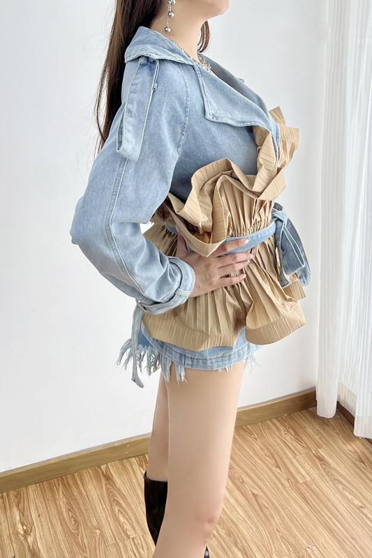 SIDE VIEW denim jacket with pleated ruffle details”