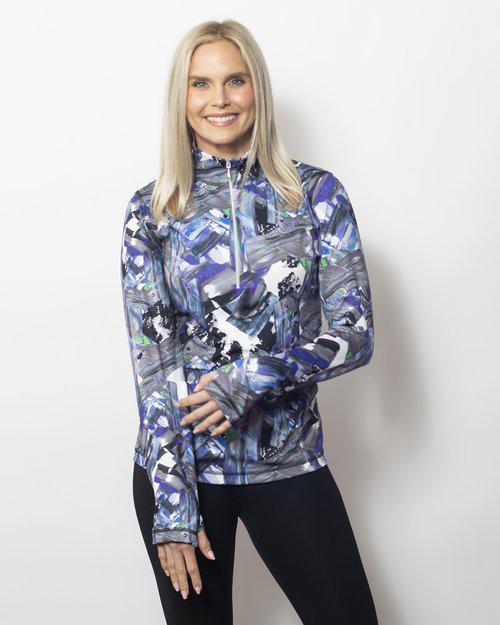 SnoSkins women's abstract blue multi-color quarter zip long sleeve top, Made in USA