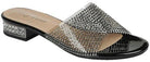 Rhinestone lucite slide sandal with crystal embellished low block heel and open toe design