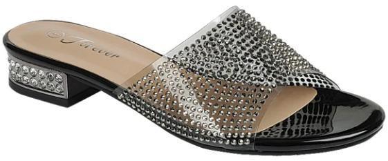 Rhinestone lucite slide sandal with crystal embellished low block heel and open toe design