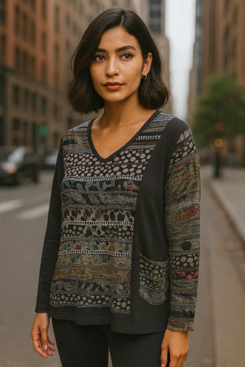 Woman wearing a Parsley & Sage V-neck knit top with artistic patchwork print, long sleeves, and front pocket in earthy tones.