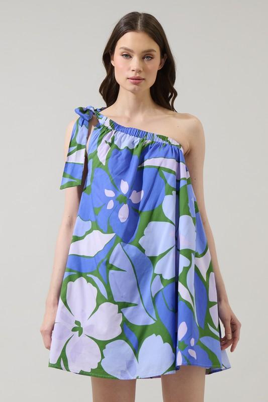 Sugar Lips blue floral one-shoulder summer dress with tie strap and breezy resort style silhouette