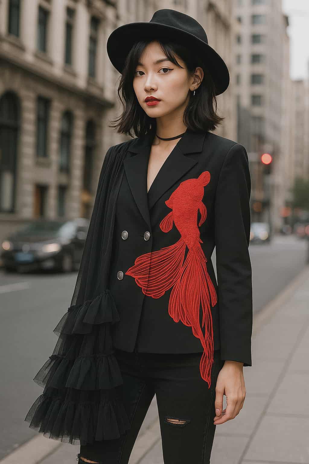 Black blazer with red embroidered koi fish and cascading tulle detail, styled with silver buttons – urban chic women’s statement jacket