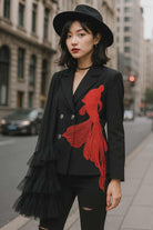 Black blazer with red embroidered koi fish and cascading tulle detail, styled with silver buttons – urban chic women’s statement jacket