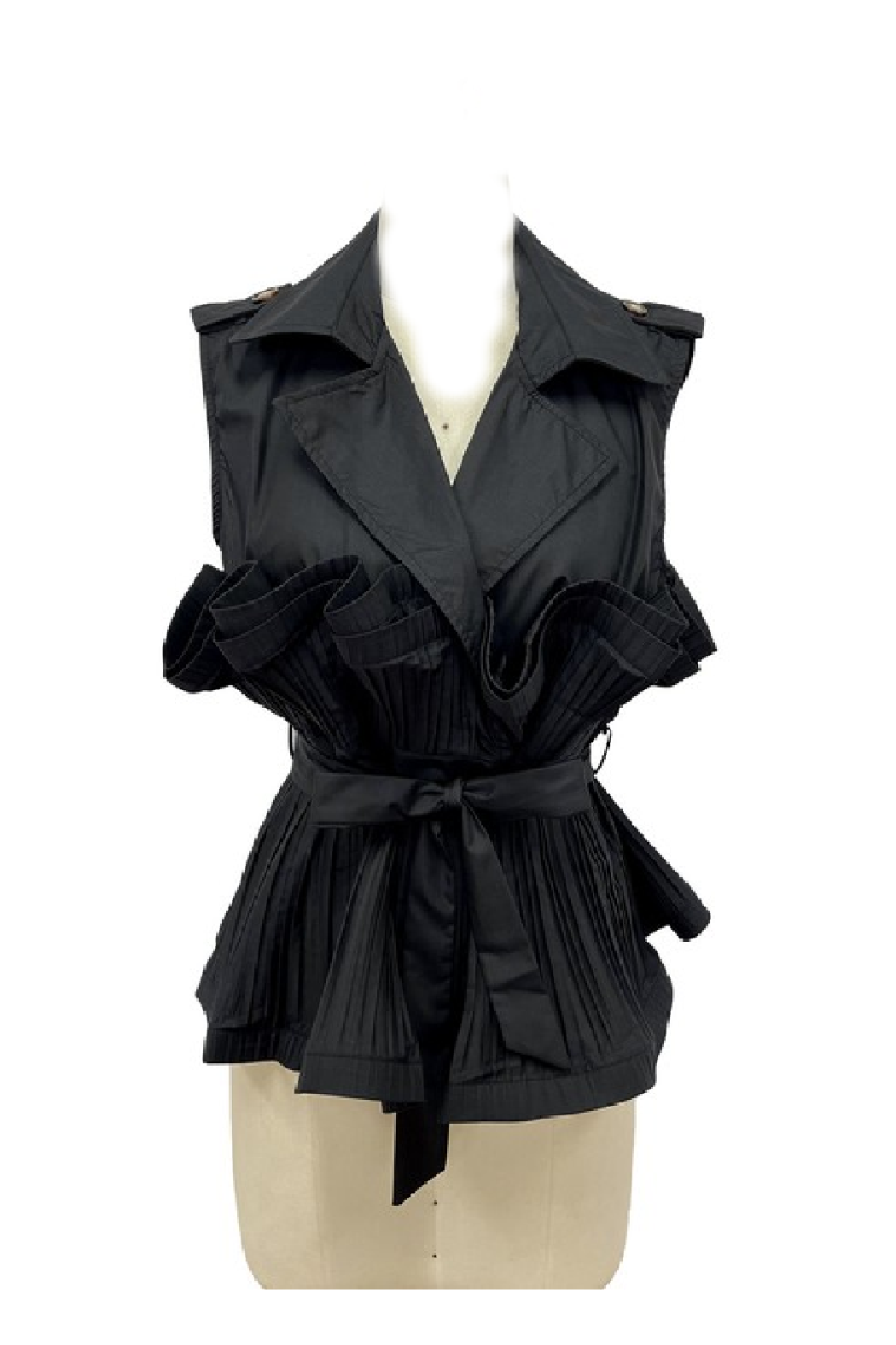 A black sleeveless belted wrap vest with ruffled detailing, displayed on a beige mannequin torso against a plain white background.