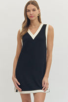 Entro knit black shift dress with white contrast trim and V-neckline