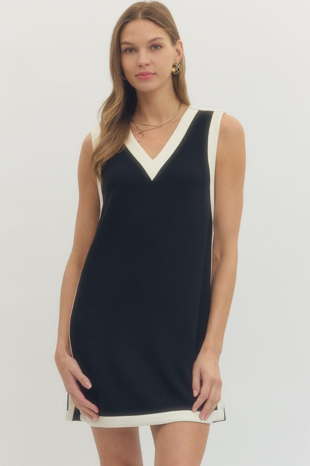 Entro knit black shift dress with white contrast trim and V-neckline