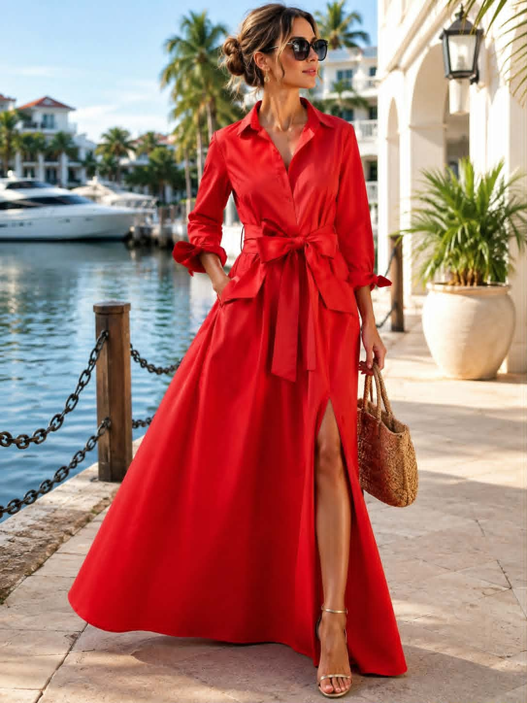 Woman wearing a red belted button-front maxi shirt dress styled for an elegant resort look.