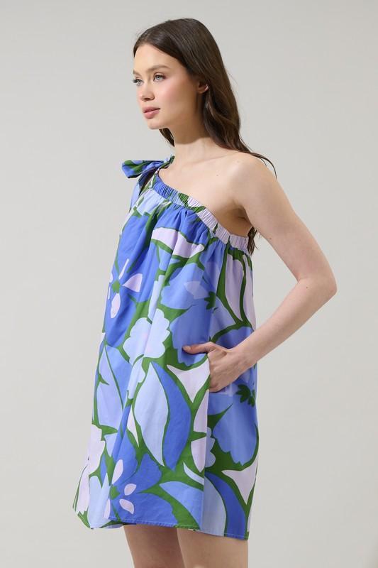 Sugar Lips blue floral one-shoulder summer dress with tie strap and breezy resort style silhouette