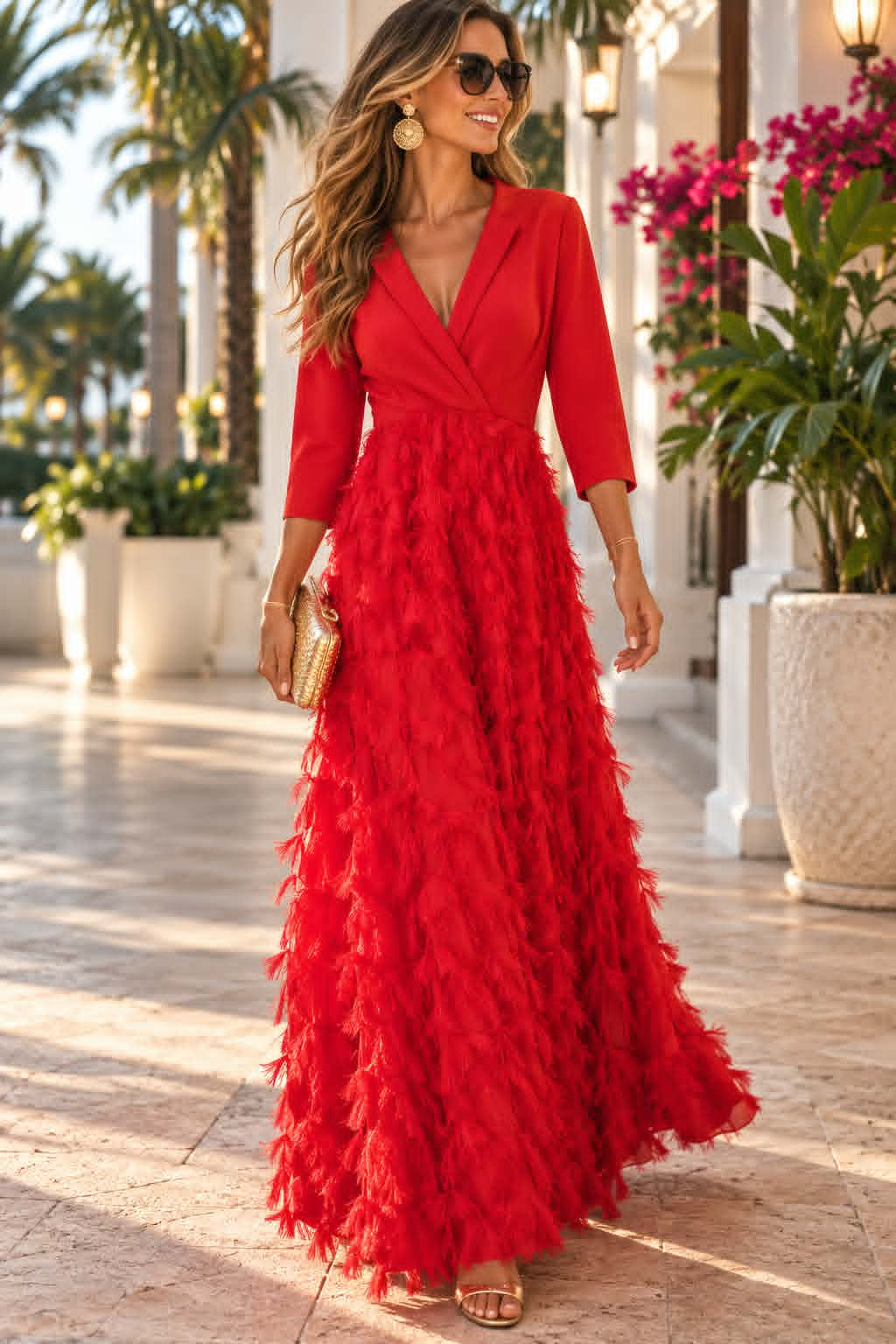 Woman wearing an elegant red wrap-style maxi dress with three-quarter sleeves and a dramatic textured feather fringe skirt.
