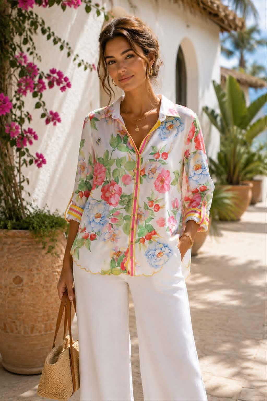 Aratta La Ville Rose white floral blouse with colorful botanical print, striped trim and scalloped hem styled with white pants