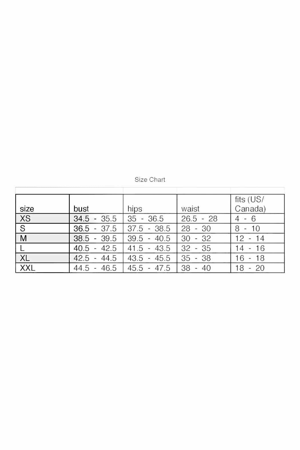 Size chart for clothing measurements on a white background