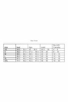 Size chart for clothing measurements on a white background