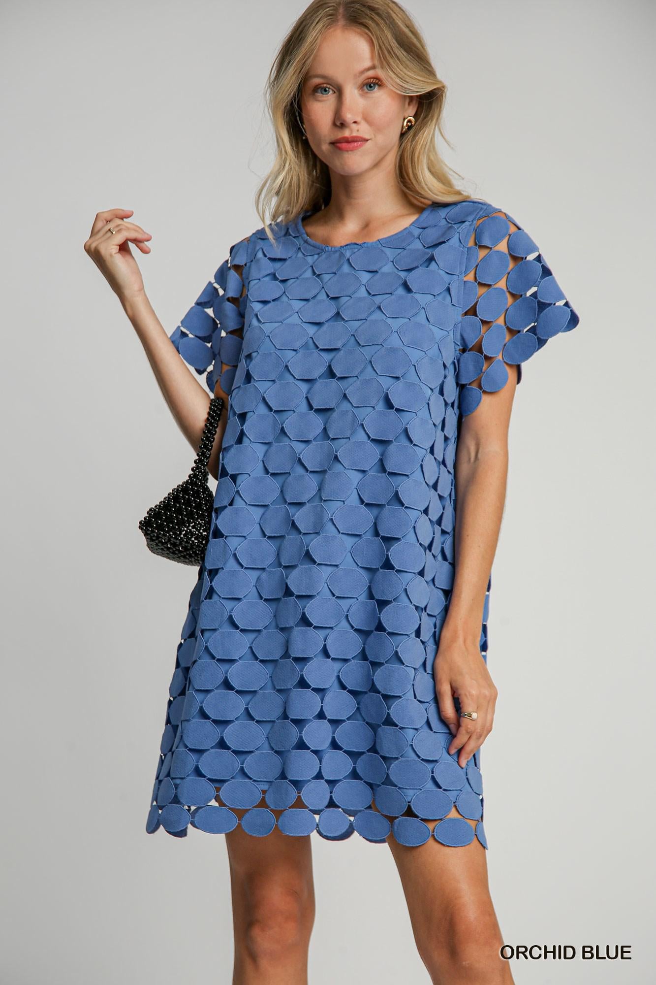 Orchid blue scalloped overlay dress with cutout sleeves