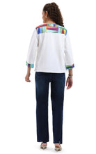 Multicolor Parsley & Sage knit jacket layered over white top and jeans, back view
