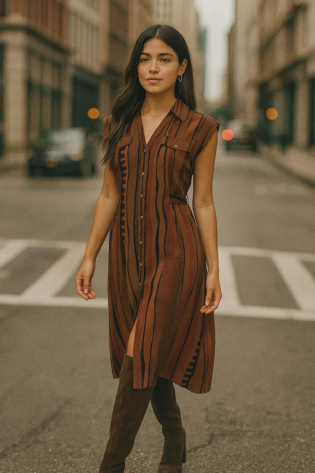 Urban chic woman wearing brown mix striped button front sleeveless dress in city street.