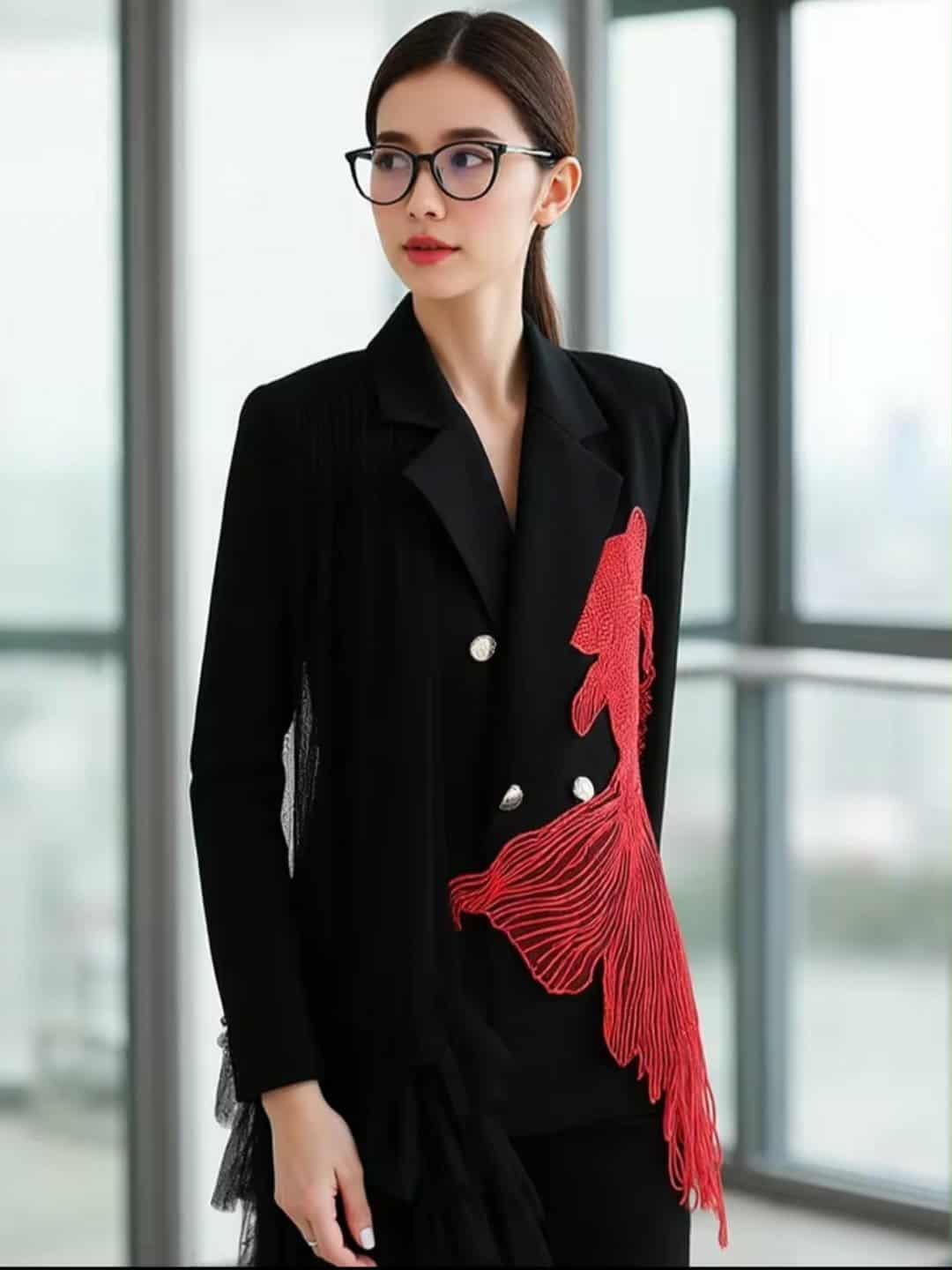 Black blazer with red embroidered koi fish and cascading tulle detail, styled with silver buttons – urban chic women’s statement jacket
