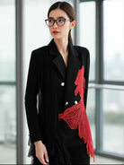 Black blazer with red embroidered koi fish and cascading tulle detail, styled with silver buttons – urban chic women’s statement jacket