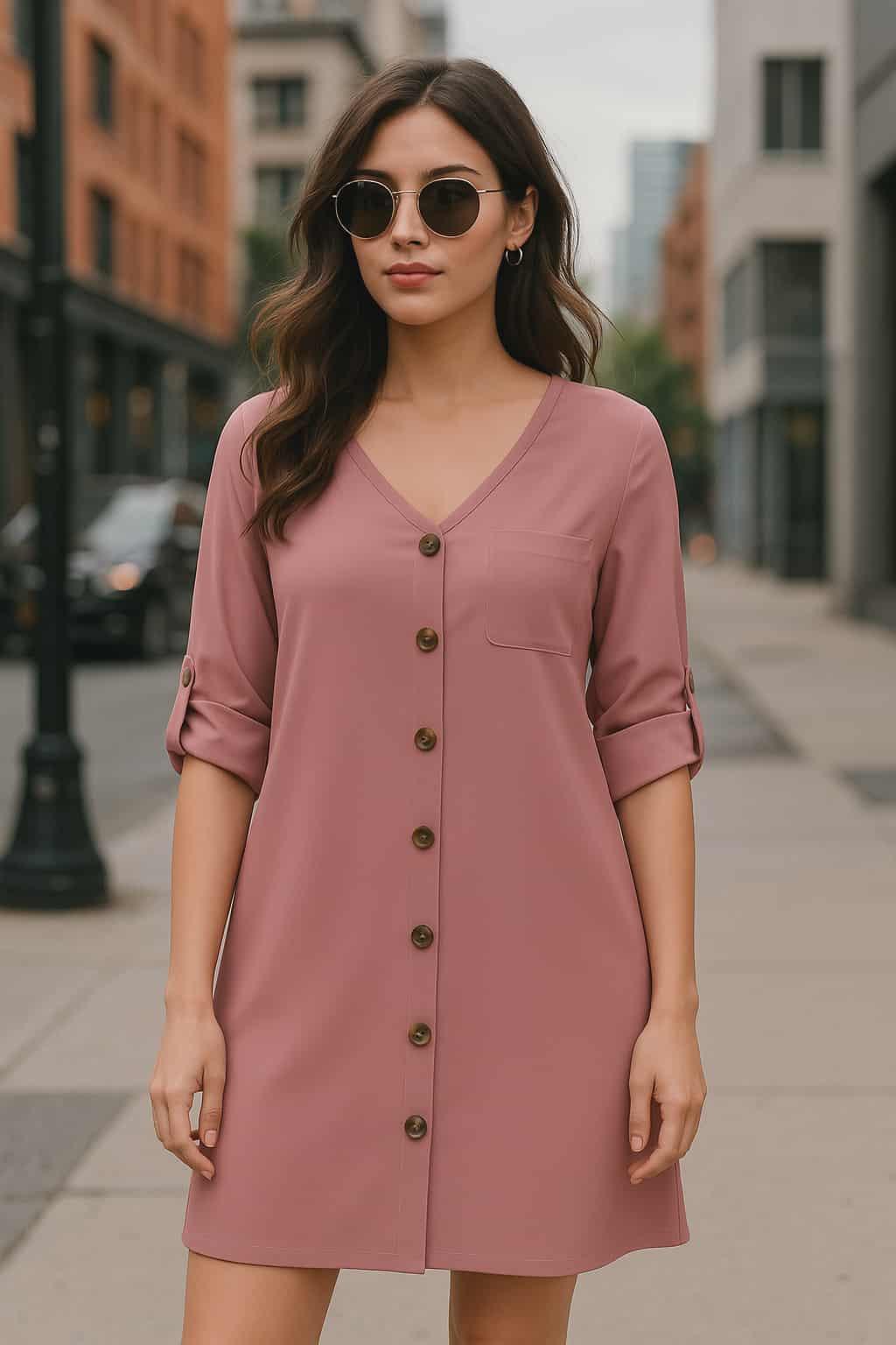 Beautiful urban chic woman wearing a mauve button-front shirt dress with rolled sleeves, styled with sunglasses and a city street background