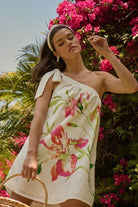 Sugar Lips tropical floral one-shoulder summer dress with pink flowers and breezy resort silhouette