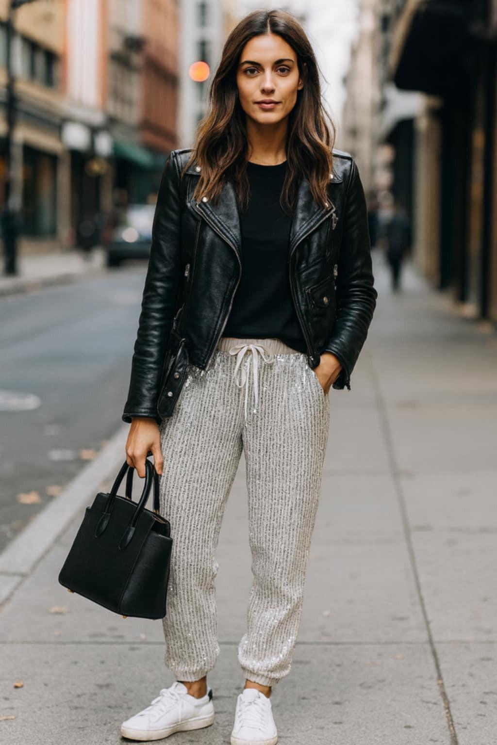 Urban chic sequin jogger pants with drawstring waist and tapered ankle cuffs, styled for casual glamour or evening wear